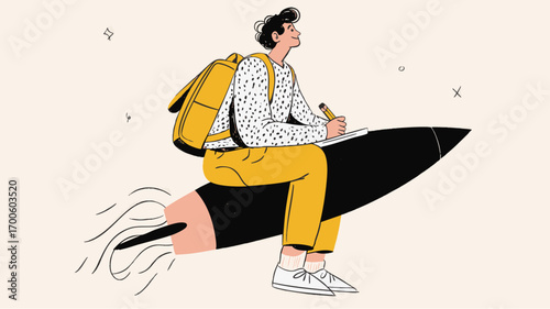 Creative back to school illustration — student with backpack riding rocket as education and future success concept