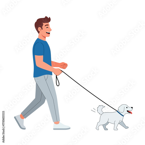 Man walking a dog on a leash, enjoying a leisurely stroll outdoors
