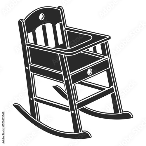 A classic wooden rocking high chair for babies and toddlers designed with a tray and a drawer presented as a simple black silhouette on a white background