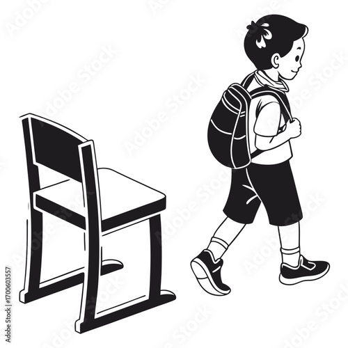 A young boy wearing a backpack walks past an empty school chair ready to learn and attend classes with enthusiasm and a positive attitude towards education