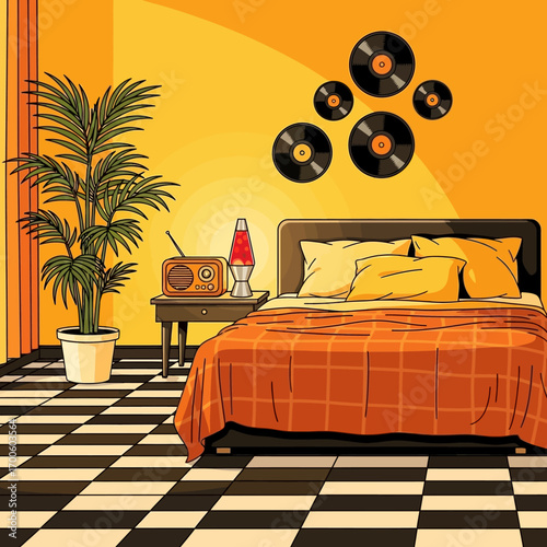 Nostalgic illustration of a vintage bedroom interior in warm orange and yellow tones with retro decor