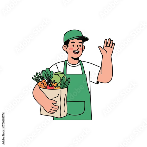 Cheerful courier in a green apron holding a paper bag of fresh organic vegetables, offering friendly grocery delivery service
