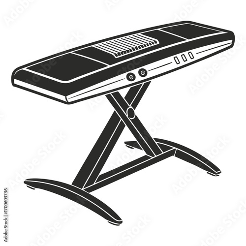 A stylized black and white illustration of a portable electronic keyboard instrument resting on a foldable x shaped stand perfect for music production and performance
