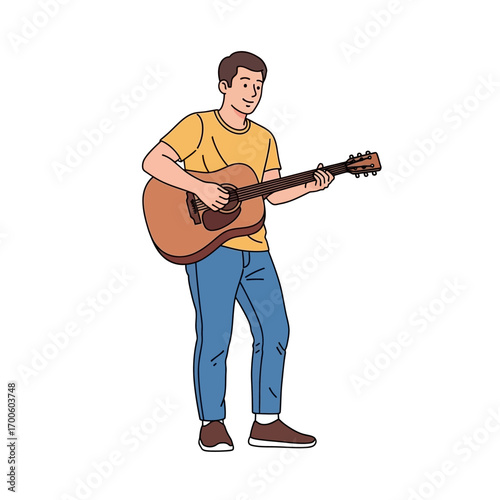 Young man with a casual yellow t-shirt and blue jeans playing an acoustic guitar
