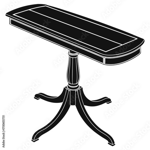 A classic black and white silhouette illustration of an antique console table with a carved pedestal base and a rectangular top featuring decorative inlay details