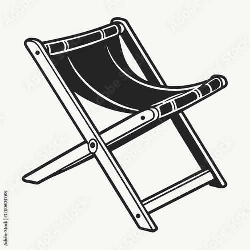 A simple black and white graphic illustration of a classic wooden framed canvas deck chair perfect for beach or outdoor relaxation