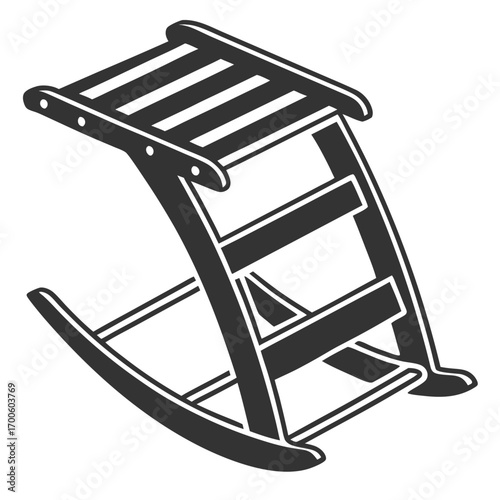 A simple stylized dark gray silhouette of a wooden rocking chair with a slatted seat and back isolated on a white background representing comfort and relaxation
