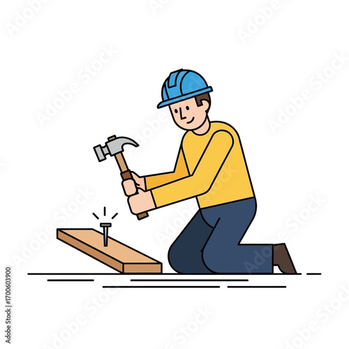 Carpenter Hammering a Nail into Wood A Simple Cartoon Illustration of Construction