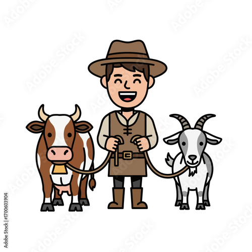 Farmer with Cow and Goat A Cheerful Illustration of Rural Life