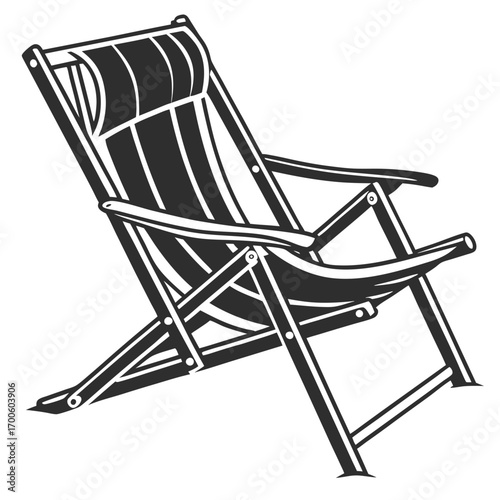 A classic striped canvas deck chair with a wooden frame depicted in a bold black and white graphic illustration style isolated on a clean white background