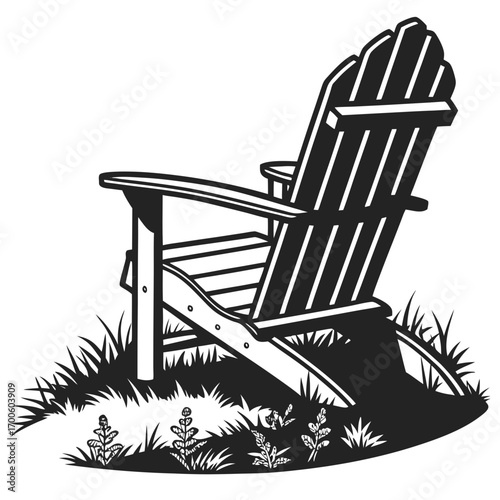 A classic adirondack chair sits invitingly on a patch of grass with small plants symbolizing relaxation and outdoor leisure in a simple graphic style