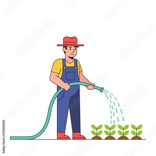 Cartoon farmer in overalls and a red hat watering a row of young green plant seedlings with a garden hose. Vector agricultural concept