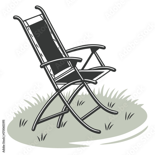 A solitary dark gray folding lounge chair rests on a patch of light gray grass inviting relaxation and outdoor leisure in a simple stylized illustration