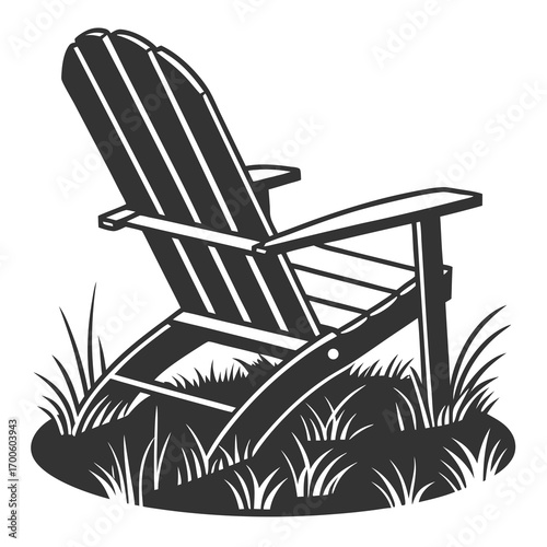 A classic adirondack chair sits in a patch of grass evoking a sense of relaxation and outdoor leisure perfect for summer or vacation themes