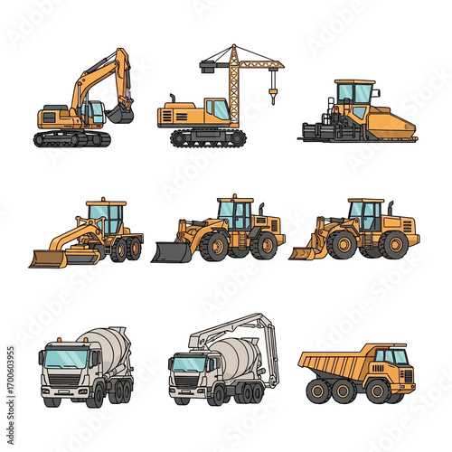 Vibrant vector illustration set of heavy construction machinery and industrial vehicles, featuring excavators, loaders, cranes, and various trucks, isolated on white