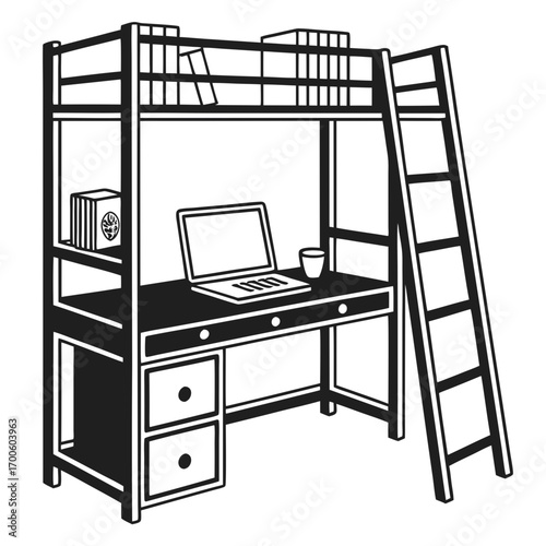 A minimalist black and white illustration of a loft bed with a desk and shelves underneath featuring a laptop books and a cup ideal for student dorm rooms or small living spaces