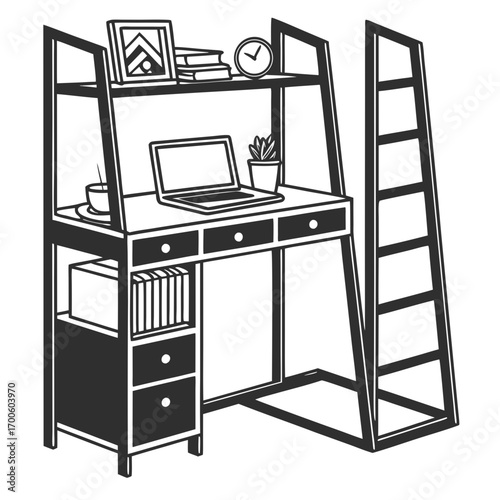Modern loft bed with integrated desk and shelving unit featuring a laptop books a plant a framed picture and a clock perfect for small living spaces