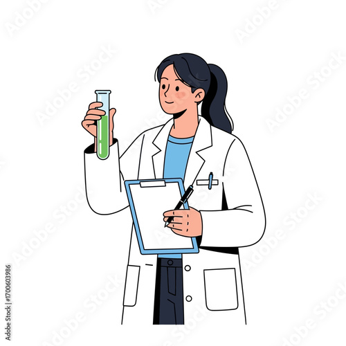 Vector illustration of a dedicated woman in science holding laboratory glassware and taking notes on a clipboard