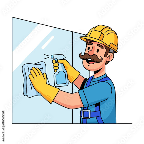 Cartoon Janitor Cleaning Glass with Spray and Cloth Illustration