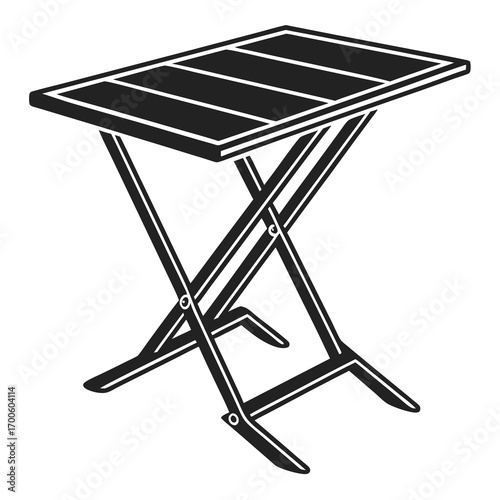 A simple black and white illustration of a foldable camping table with a slatted surface and an x shaped leg structure on a white background perfect for outdoor activities and travel