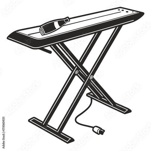A stylized black and white illustration of a portable ironing board with a bottle on its surface and a power cord attached suggesting a creative or unconventional approach to ironing