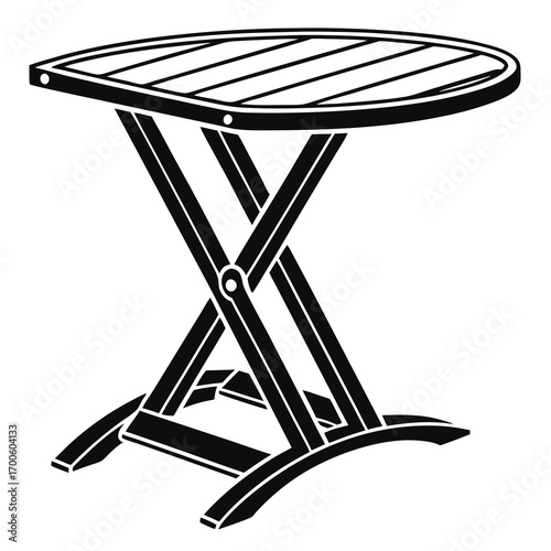 A simple black and white illustration of a portable folding ironing board with a slatted surface and an x shaped leg structure on a white background