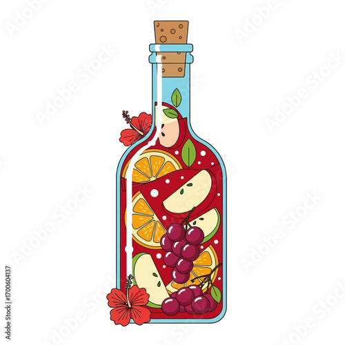 Vibrant fruit-infused beverage in a glass bottle, bursting with flavor and color
