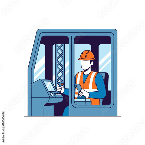 Illustration of a construction worker in a crane cabin operating machinery