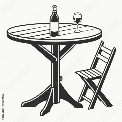 A simple black and white illustration of a round wooden table with a bottle of wine and a glass next to a folding chair perfect for outdoor dining or cafe scenes