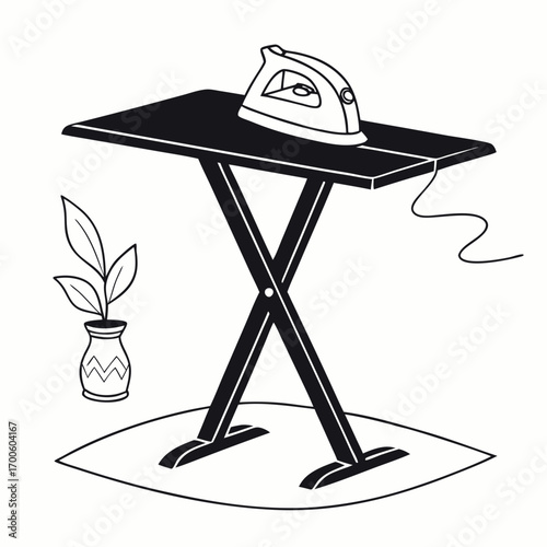 A minimalist black and white illustration of an ironing board with an iron on top and a small potted plant next to it symbolizing domestic chores and home care