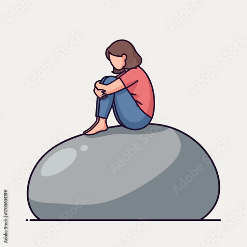 Woman Sitting on a Rock Contemplative Illustration of Solitude