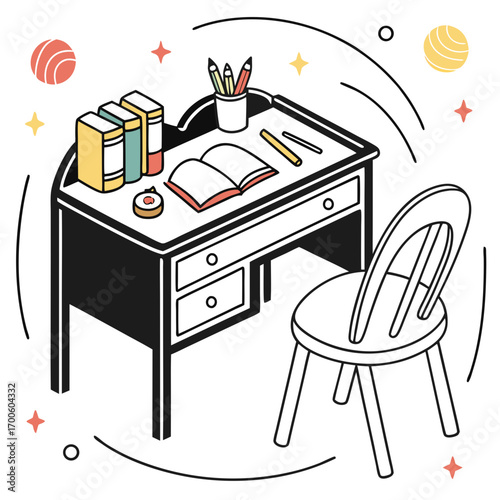 A charming isometric illustration of a child s study desk with books pencils and an open notebook ready for learning and creativity surrounded by whimsical celestial elements