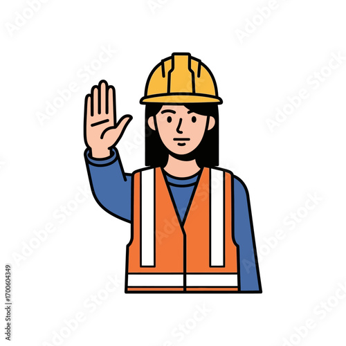 Construction Worker Gesturing Stop with Hard Hat and Safety Vest Vector Illustration