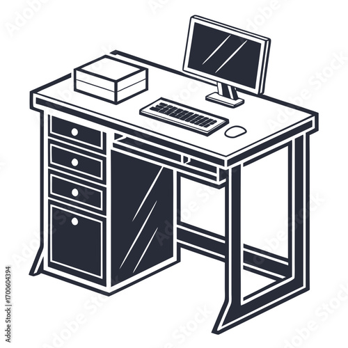 A minimalist isometric illustration of a modern office desk with a computer monitor keyboard mouse and a small box on a clean white background representing a workspace