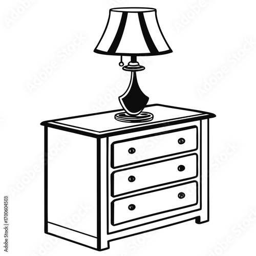 A simple black and white line drawing of a classic three drawer chest of drawers with a decorative table lamp sitting on top perfect for interior design concepts