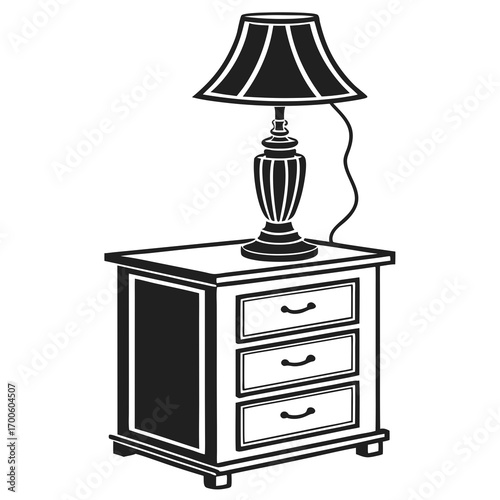 A classic black and white illustration of a traditional bedside table with three drawers and a decorative lamp on top perfect for interior design concepts