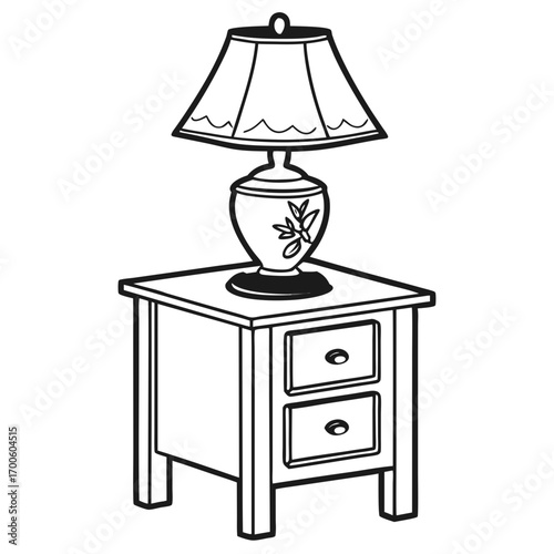 A charming hand drawn black and white illustration of a classic bedside table with two drawers and a decorative lamp with a floral motif on its base sitting on top