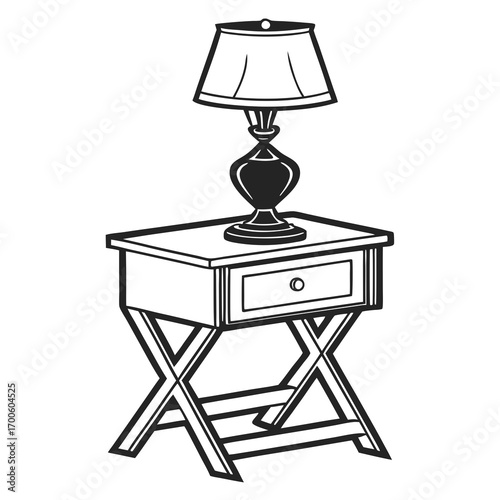 A stylized black and white line art illustration of a classic bedside table with a single drawer and a decorative lamp sitting on top perfect for interior design concepts