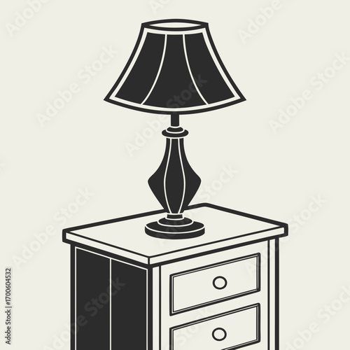 A classic black and white line art illustration of a traditional table lamp with a flared lampshade sitting on top of a two drawer nightstand against a neutral background