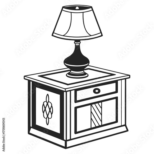 A classic black and white line drawing of a traditional nightstand with a decorative drawer and cabinet doors topped with a vintage style table lamp isolated on a white background