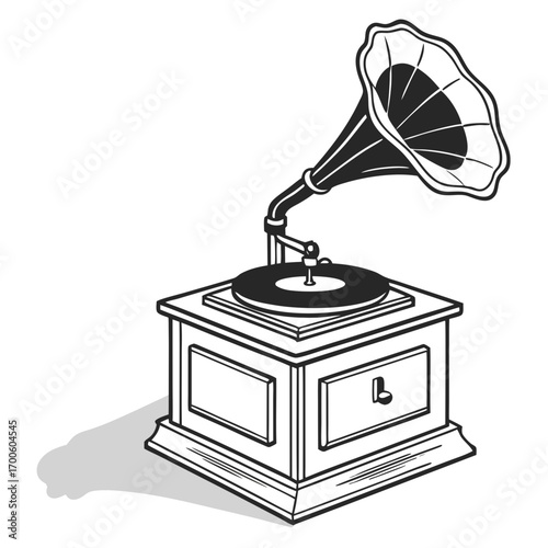 A classic vintage gramophone with a large horn and a spinning record on top rendered in a clean black and white line art style casting a subtle shadow