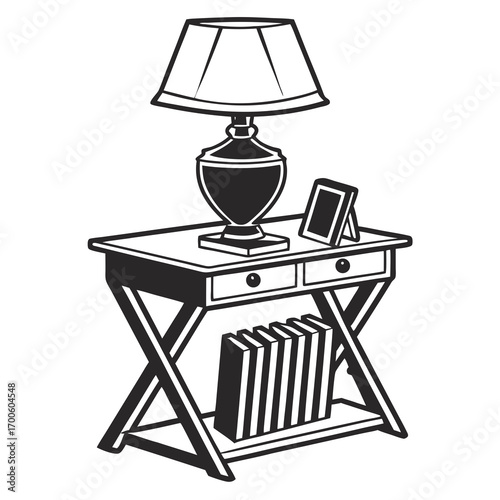 A simple black and white line art illustration of a small bedside table with a lamp a framed picture and a stack of books on a shelf below