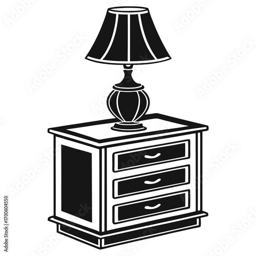 A simple black and white illustration of a classic bedside table with three drawers topped with a traditional table lamp featuring a pleated lampshade and a decorative base