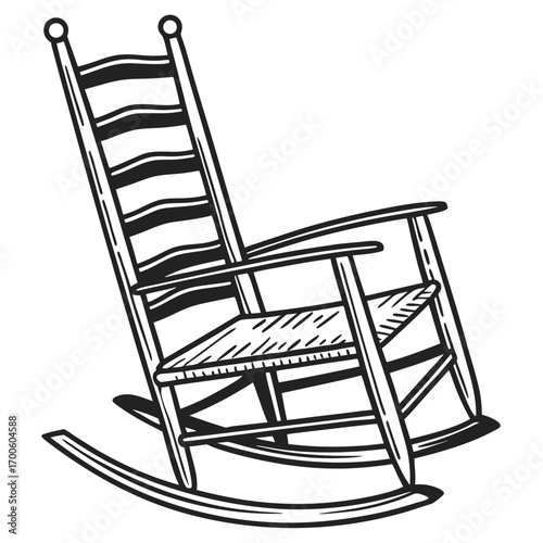 A classic wooden rocking chair with a slatted back and woven seat rendered in a simple black and white line drawing style perfect for rustic or vintage designs