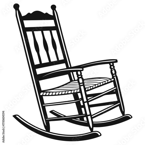 Classic black and white illustration of a traditional wooden rocking chair with a woven seat and curved runners for gentle motion isolated on a white background