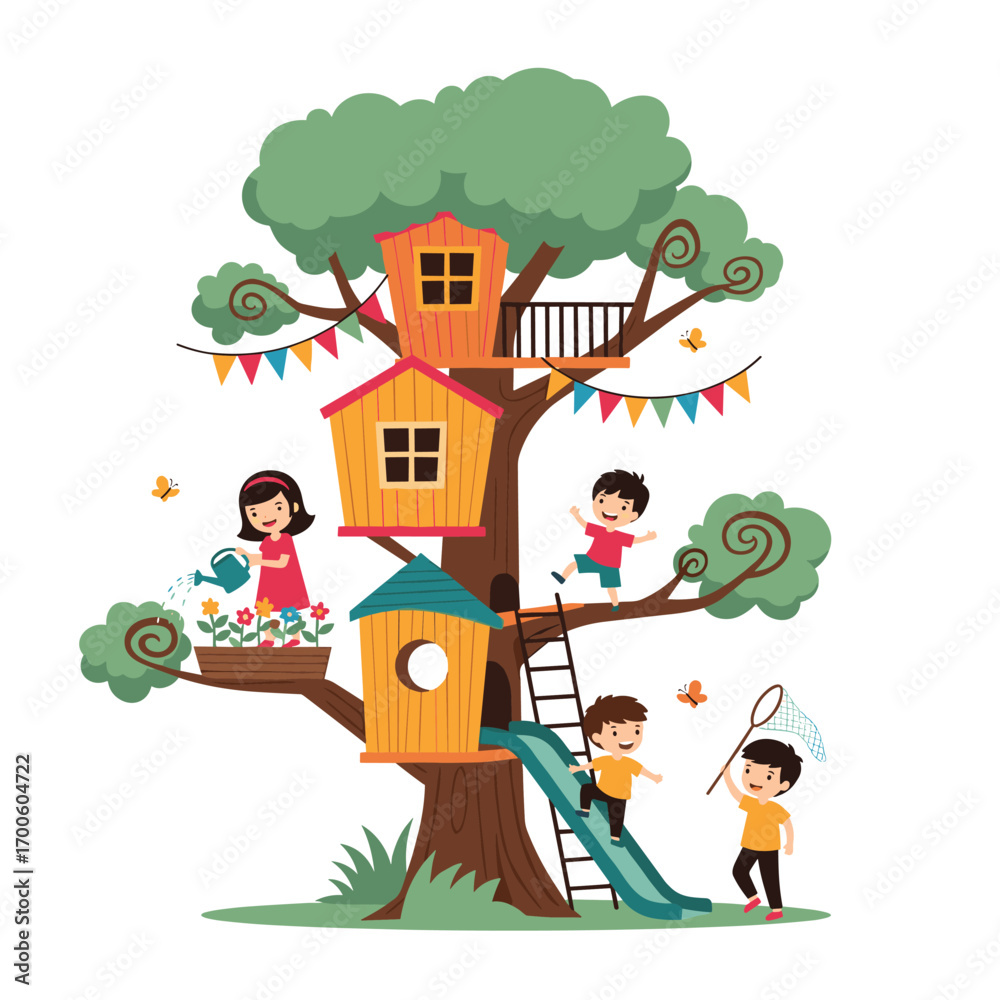 Fototapeta premium Children playing and having fun in a colorful treehouse with a slide and butterflies