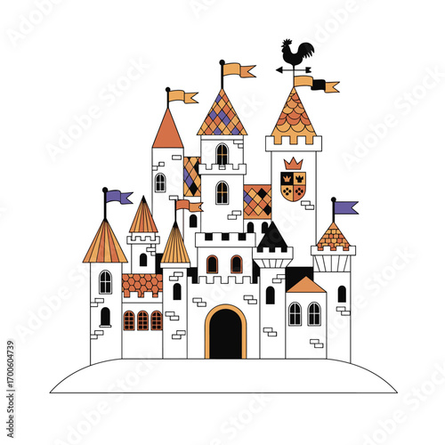 Whimsical cartoon castle with flags and rooster weather vane and small shield emblems