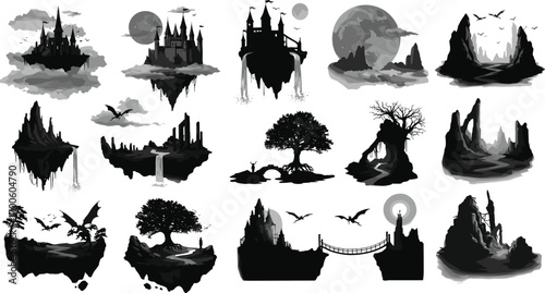 Fantasy floating castles, mystical landscapes, dragons flying, enchanted trees, magical worlds, mysterious mountains, moons, bridges, fantasy art, surreal scenery, dark fantasy, mythical environment