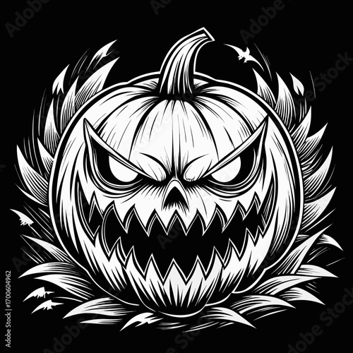 Scary jack o lantern halloween pumpkin linework vector illustration vector