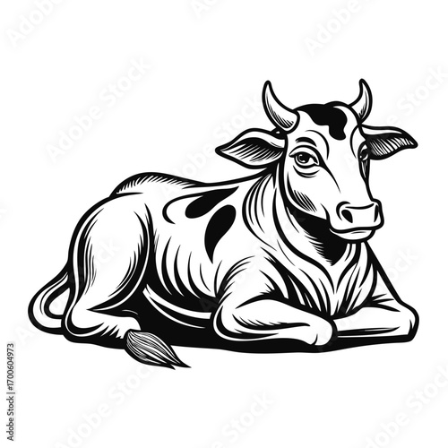 Black and white line drawing vector illustration of a lying cow vector
